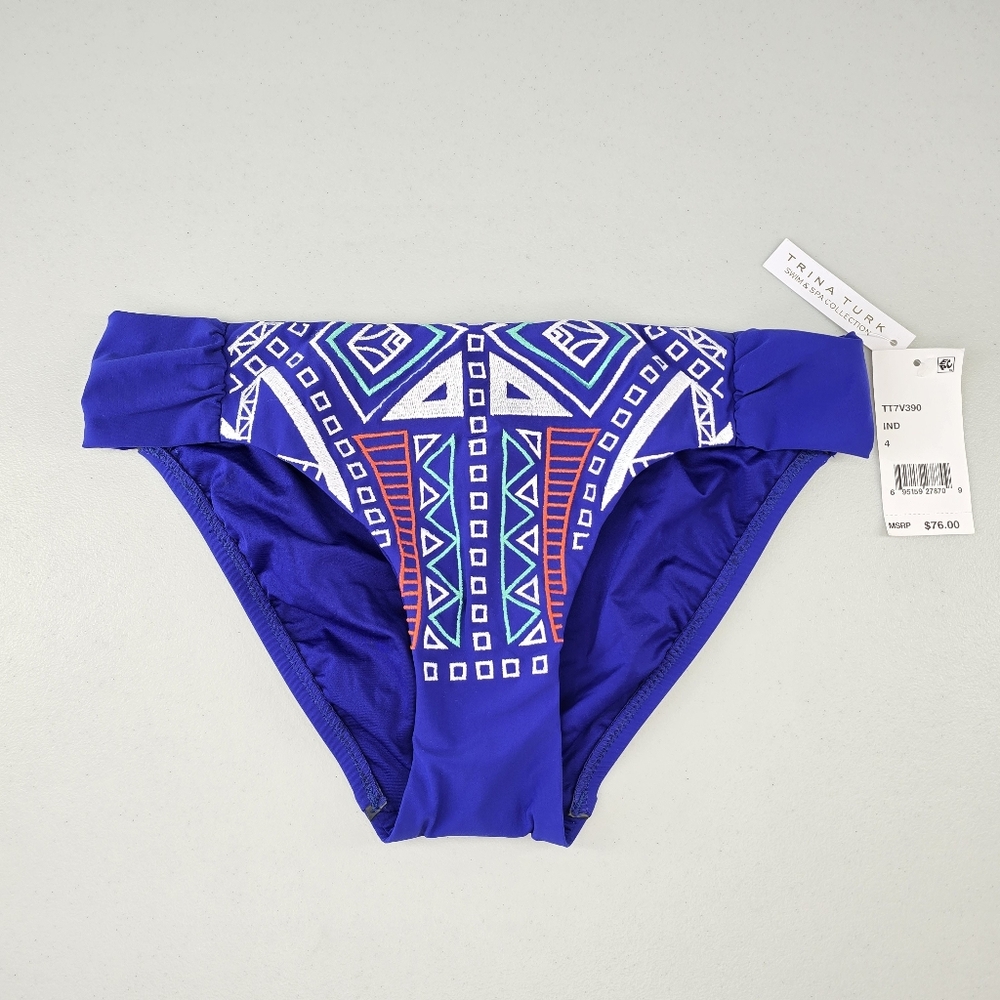 Trina Turk Jakarta Bikini Bottom Indigo Embroidered Hipster Shirred Sides 4 NWT